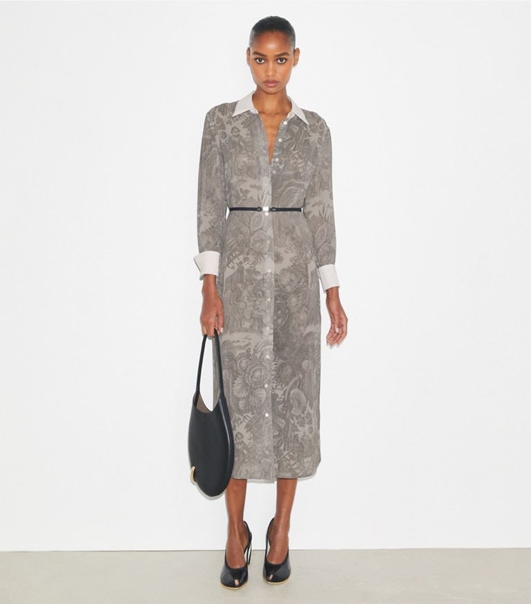 Tory Burch designer dresses Printed Viscose Shirtdress in Light Gray Alien front