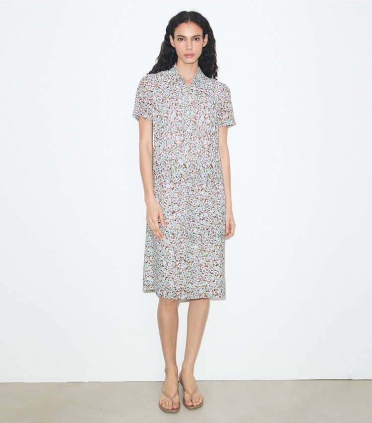 Tory Burch designer dresses Printed Viscose Shirtdress in Blue Floral on model front