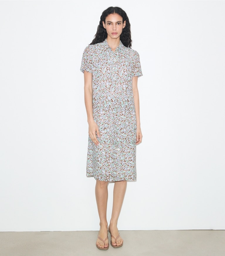 Tory Burch designer dresses Printed Viscose Shirtdress in Blue Floral on model front