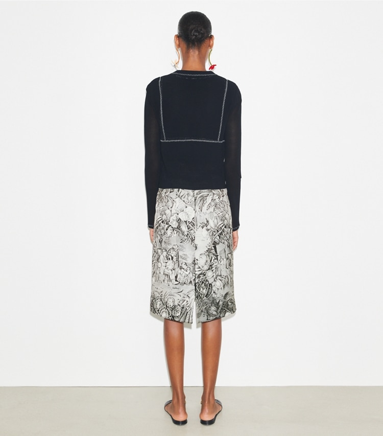 Tory Burch designer bottoms Printed Viscose Skirt in Grey Alien on model back