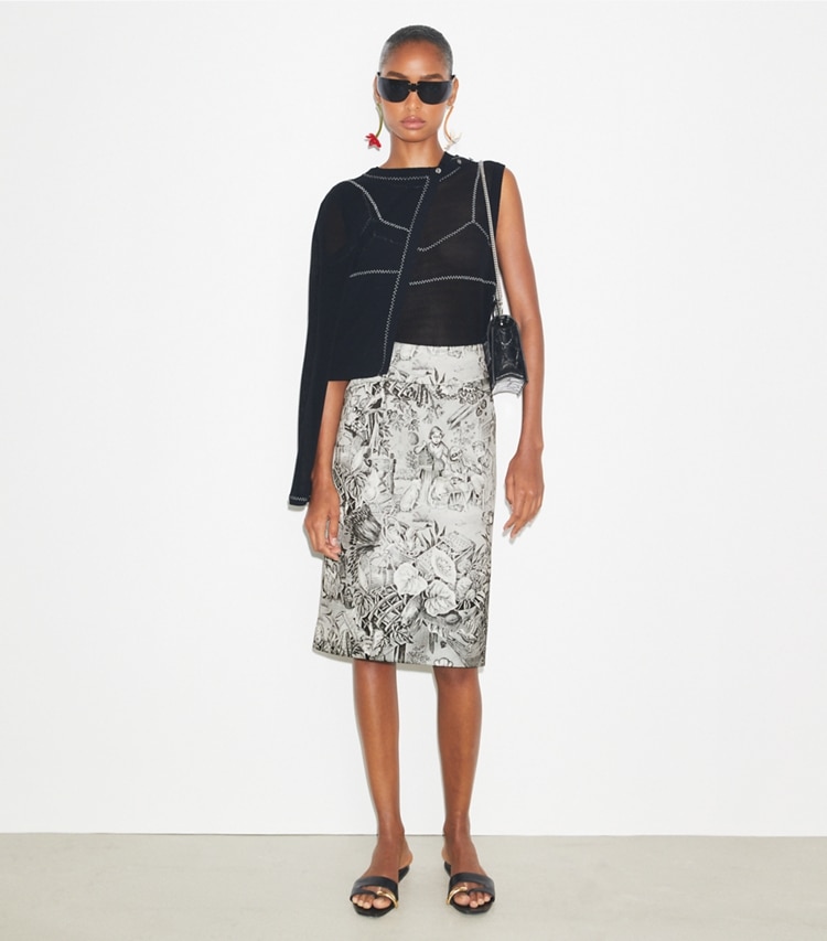 Tory Burch designer bottoms Printed Viscose Skirt in Grey Alien on model front