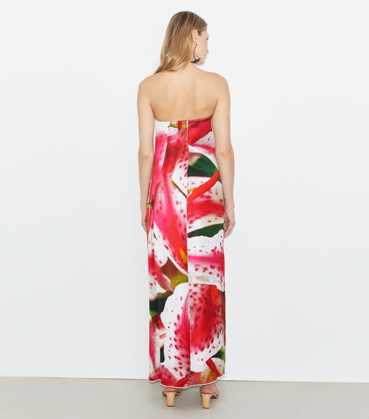 Tory Burch designer dresses Printed Viscose Strapless Dress in Pink Lily on model back