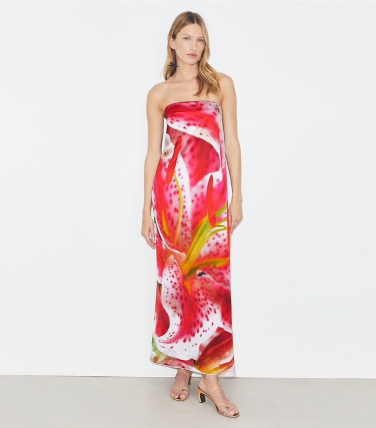 Tory Burch designer dresses Printed Viscose Strapless Dress in Pink Lily on model front