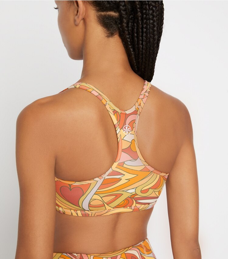 Tory Sport designer sports bras Printed Weightless Racerback Bra in Multi Fantasy Floral on model detail