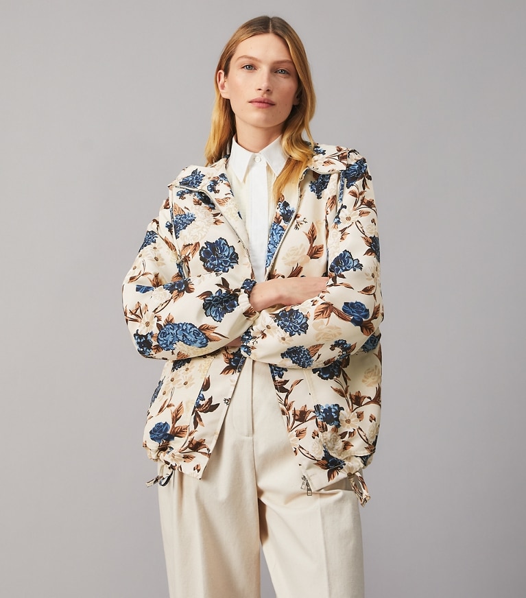 Tory Burch designer coats Printed Windbreaker in CARAMEL MIXED FLORAL front