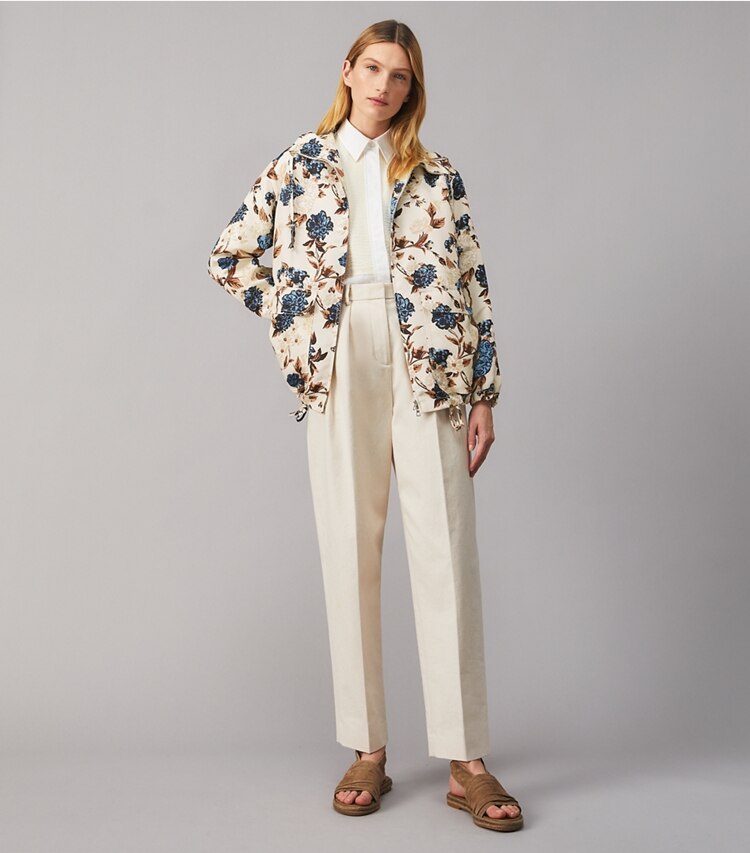 Tory Burch designer coats Printed Windbreaker in CARAMEL MIXED FLORAL on model front