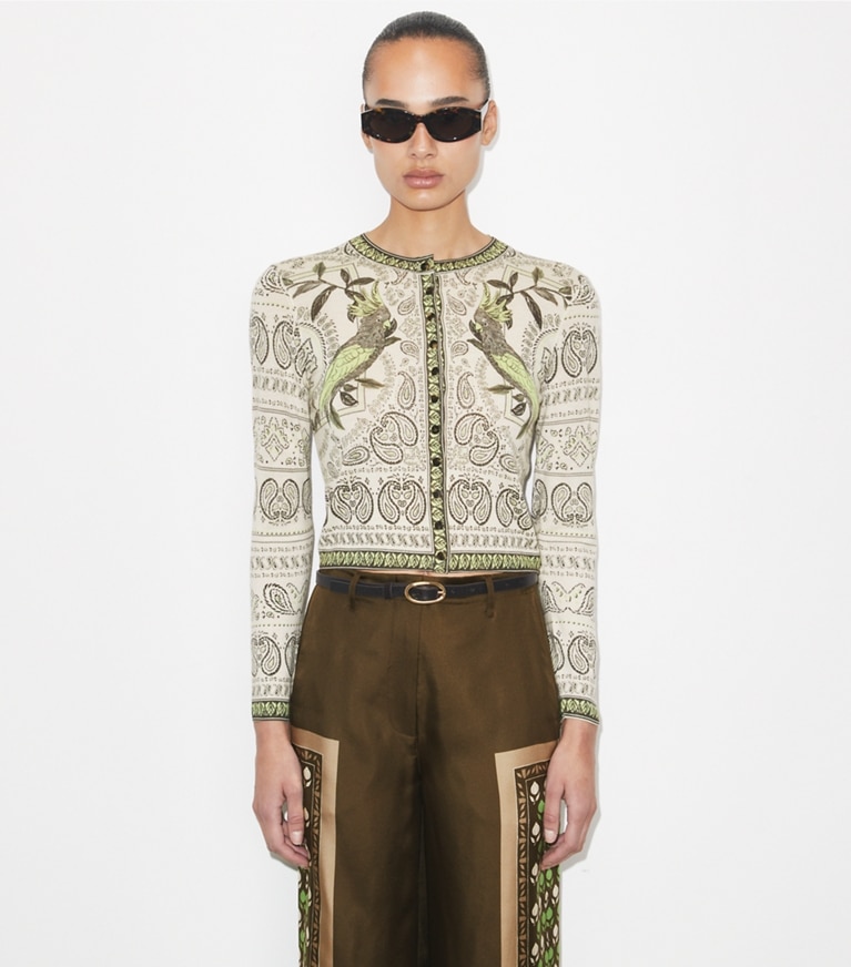Tory Burch designer sweaters Printed Wool Cardigan in Light Ivory / Mint Cockatoo on model detail