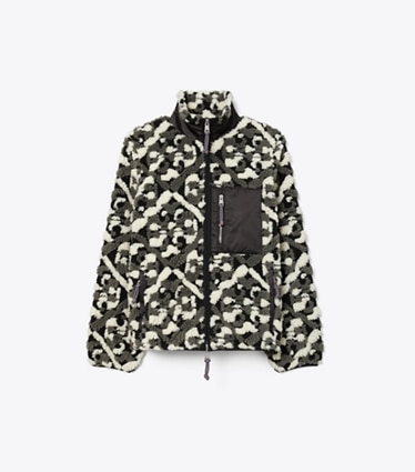 Tory Burch designer coats Prismatic T Monogram Fleece Jacket in Black Prismatic T Monogram front