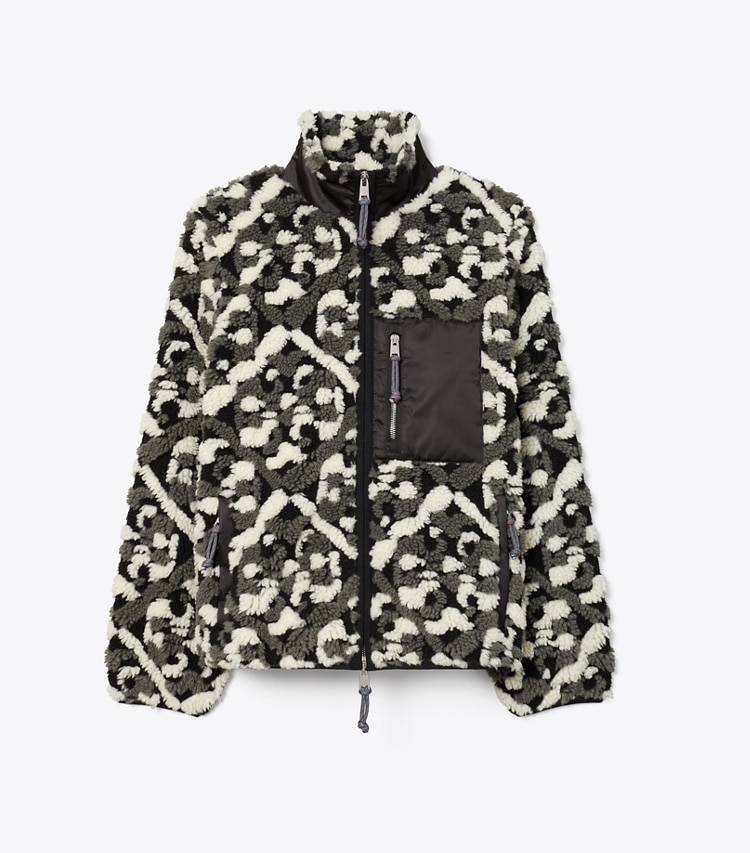 Tory Burch designer coats Prismatic T Monogram Fleece Jacket in Black Prismatic T Monogram front