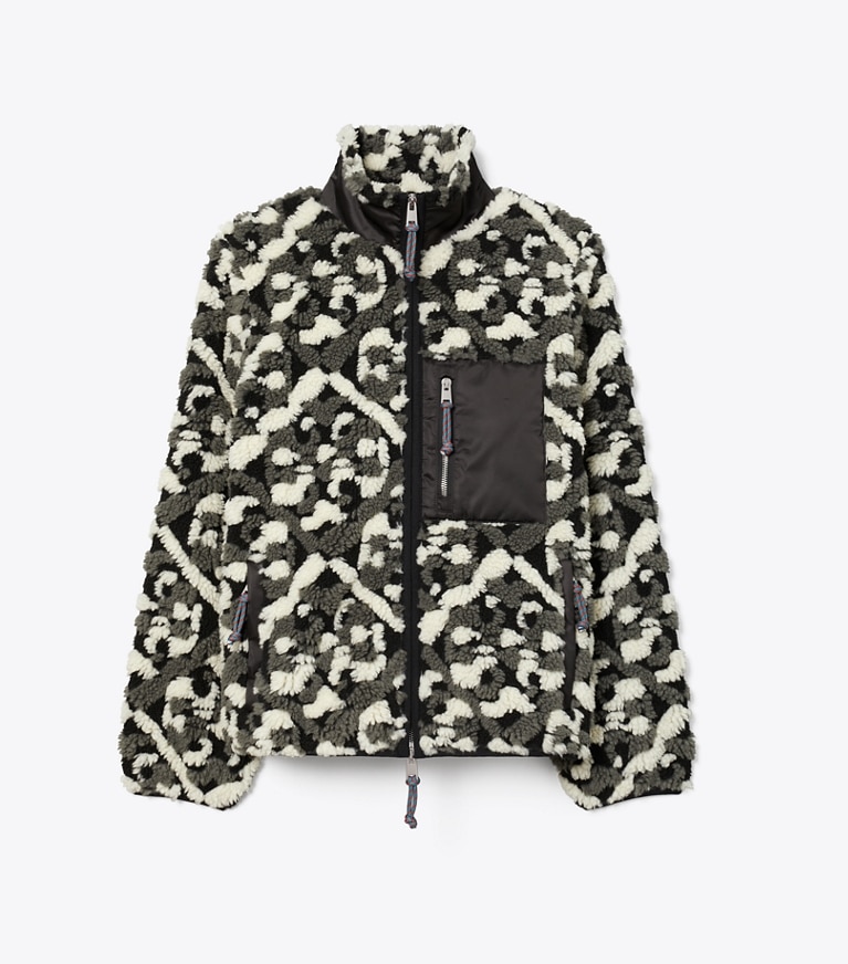 Tory Burch designer coats Prismatic T Monogram Fleece Jacket in Black Prismatic T Monogram front