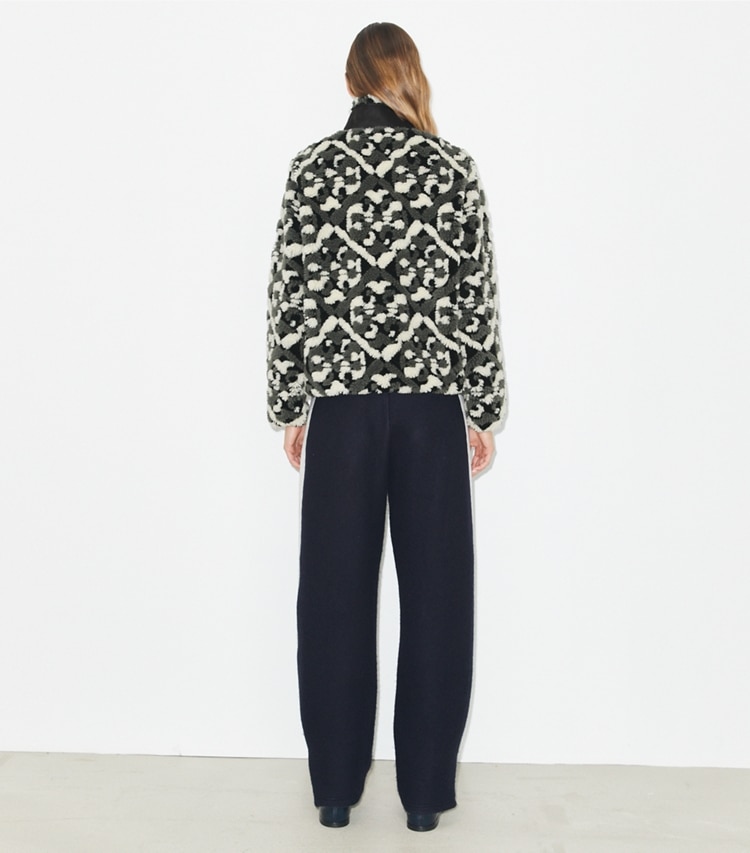 Tory Burch designer coats Prismatic T Monogram Fleece Jacket in Black Prismatic T Monogram on model back