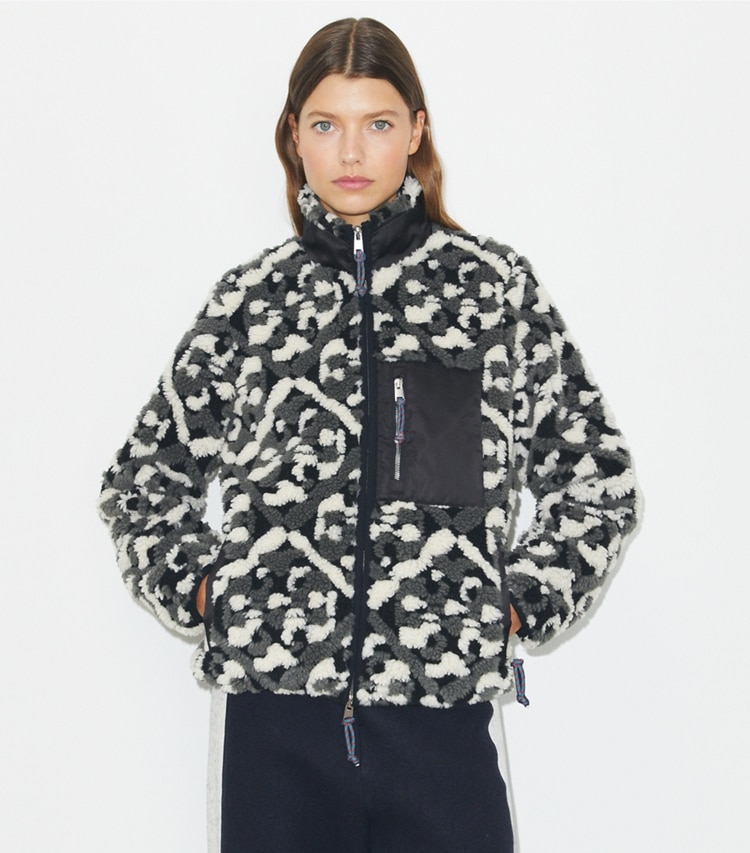 Tory Burch designer coats Prismatic T Monogram Fleece Jacket in Black Prismatic T Monogram on model detail