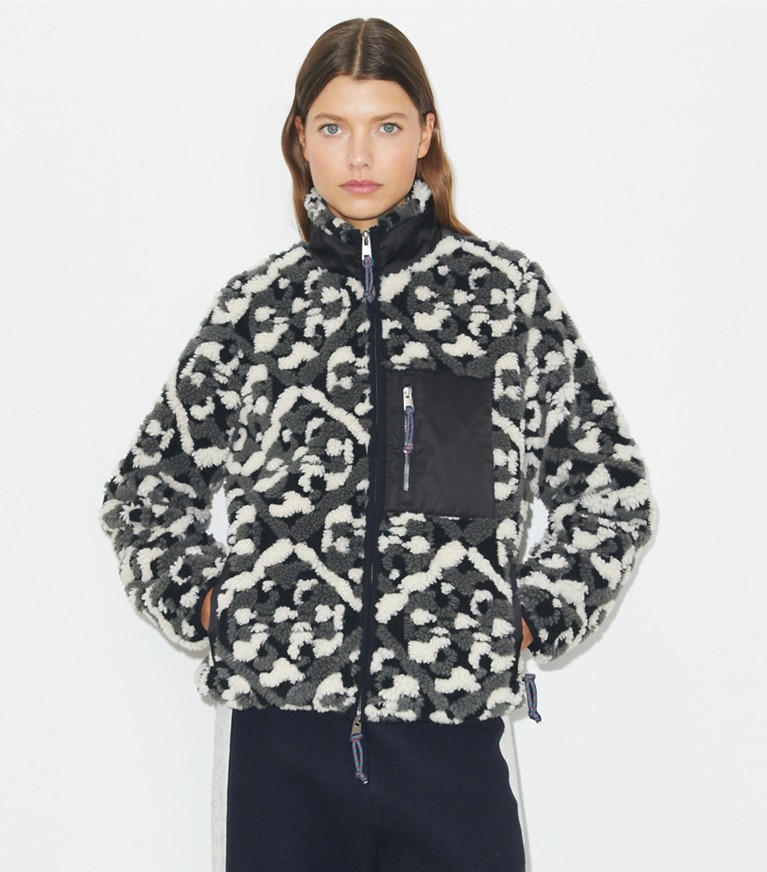 Tory Burch designer coats Prismatic T Monogram Fleece Jacket in Black Prismatic T Monogram front