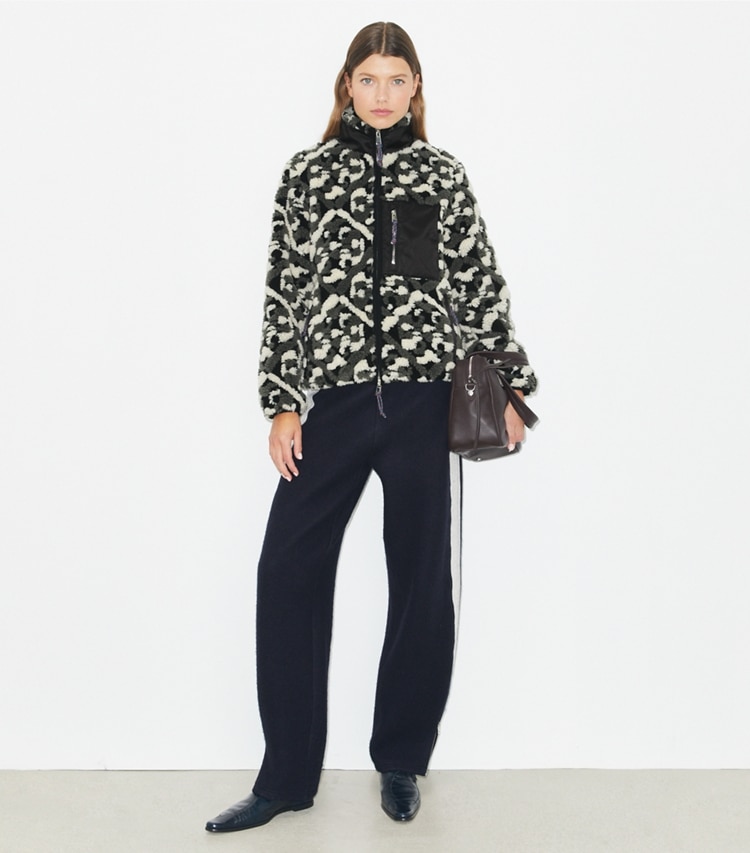 Tory Burch designer coats Prismatic T Monogram Fleece Jacket in Black Prismatic T Monogram on model front