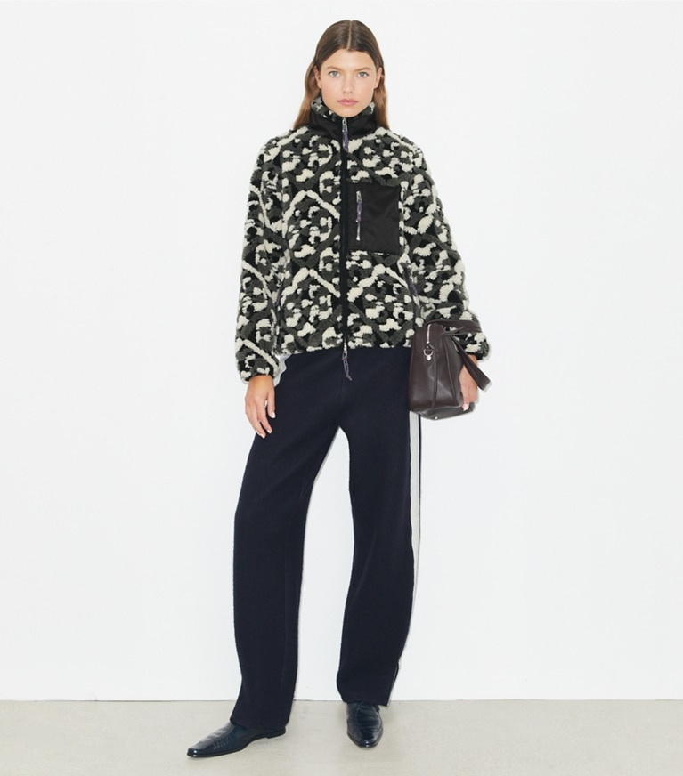 Tory Burch designer coats Prismatic T Monogram Fleece Jacket in Black Prismatic T Monogram front