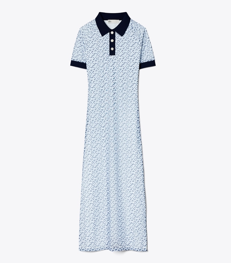 Tory Sport designer dresses Prismatic T Monogram Mesh Polo Dress in Lt. Blue Prismatic T Monogram Small front