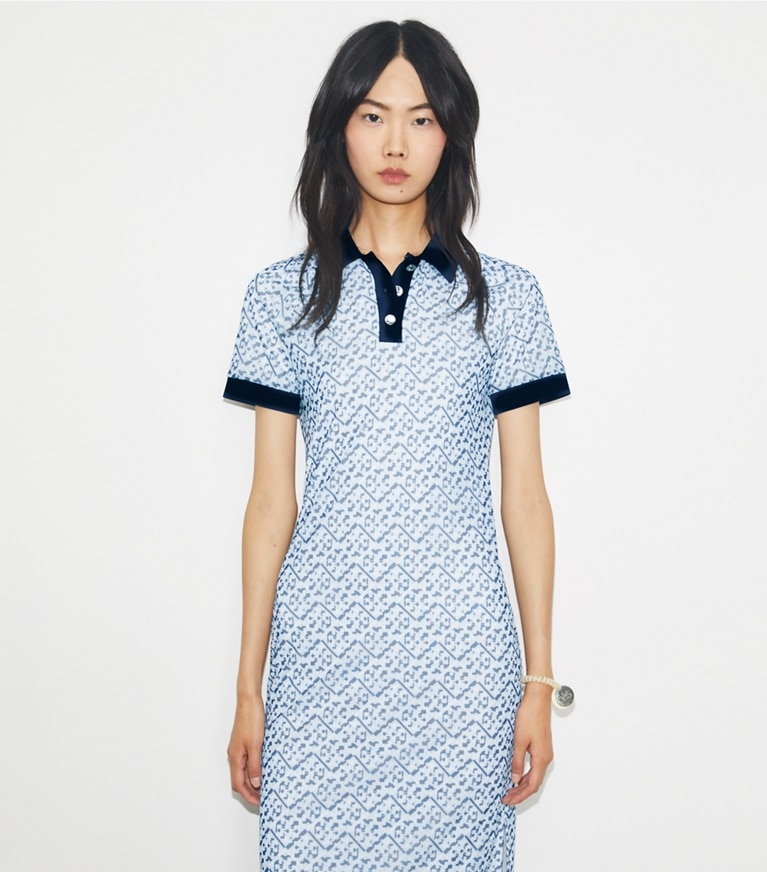 Tory Sport designer ドレス プリズム Tモノグラム メッシュ ポロドレス in Lt. Blue Prismatic T Monogram Small front