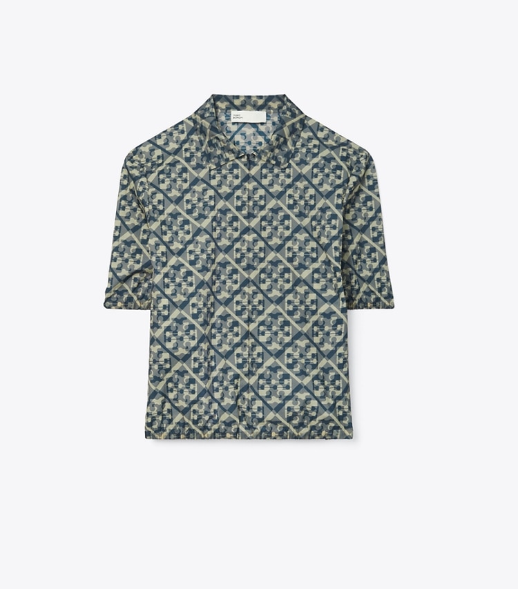 Tory Burch designer tops Prismatic T Monogram Nylon Zip Polo in Smoky Grey Prismatic T Monogram front