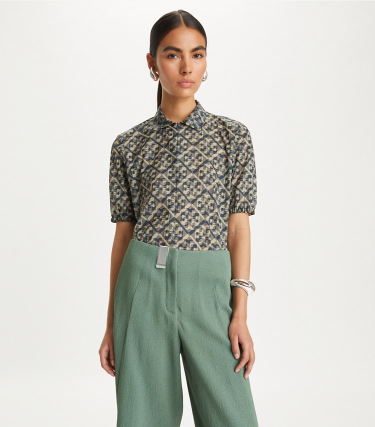 Tory Burch designer tops Prismatic T Monogram Nylon Zip Polo in Smoky Grey Prismatic T Monogram on model detail