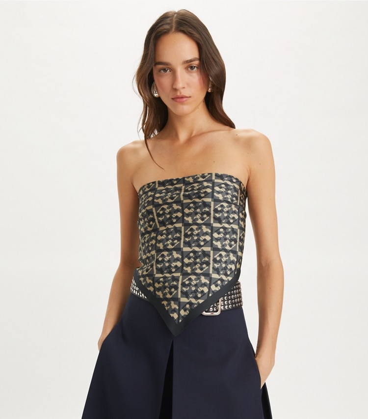 Tory Burch designer scarves Prismatic T Monogram Silk Neckerchief in Prismatic Logo Neckerchief  - Black accessory on model
