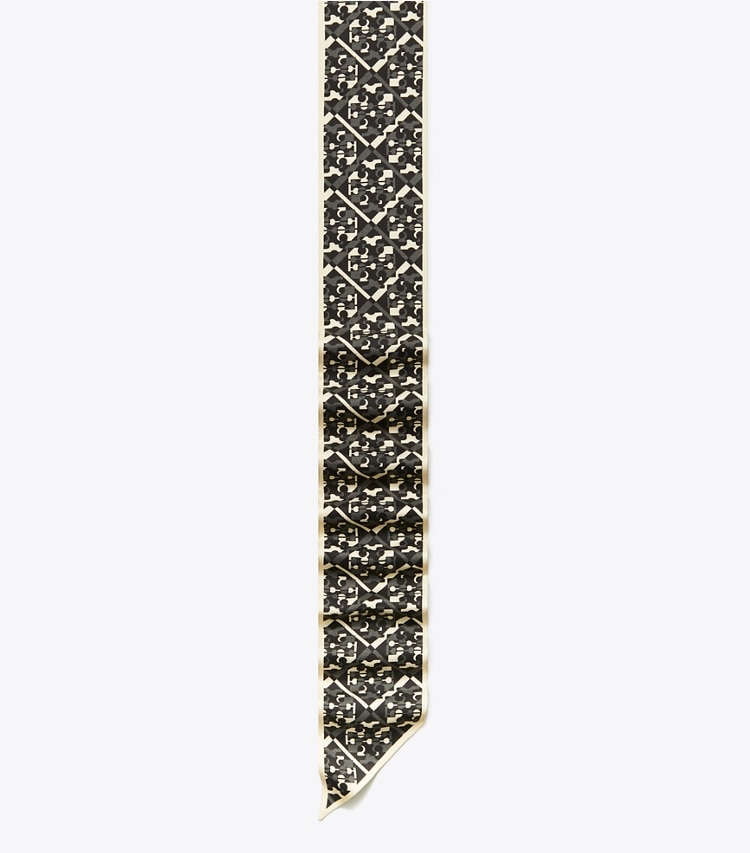Tory Burch designer scarves Prismatic T Monogram Silk Ribbon Tie in Prismatic T Monogram Black detail