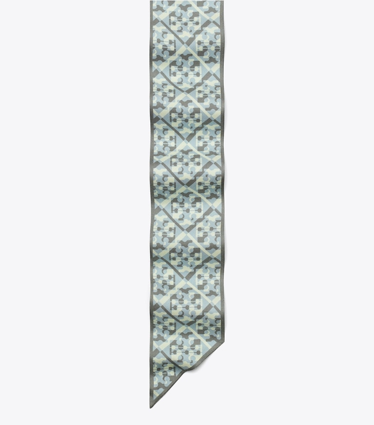 Tory Burch designer scarves Prismatic T Monogram Silk Ribbon Tie in Prismatic T Monogram Blue overhead