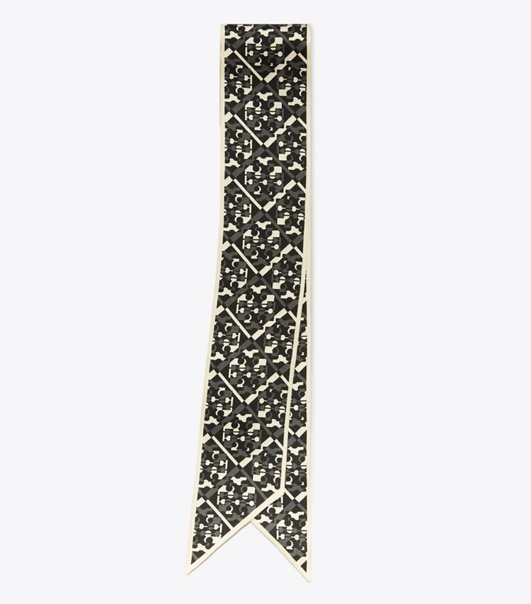 Tory Burch designer scarves Prismatic T Monogram Silk Ribbon Tie in Prismatic T Monogram Black folded