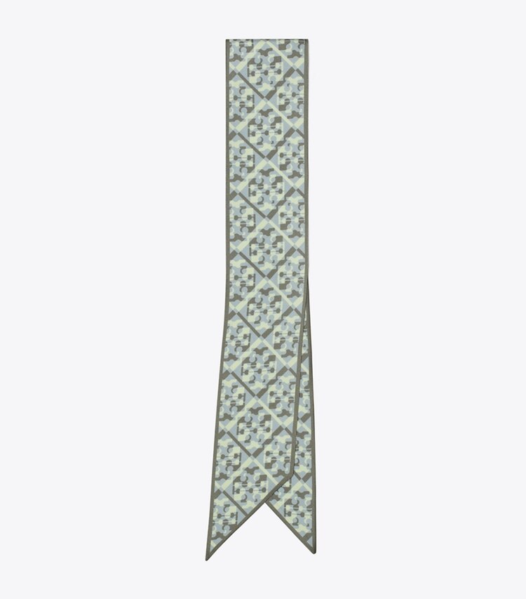 Tory Burch designer scarves Prismatic T Monogram Silk Ribbon Tie in Prismatic T Monogram Blue folded