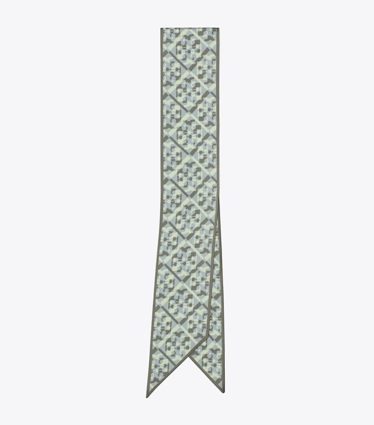 Tory Burch designer scarves Prismatic T Monogram Silk Ribbon Tie in Prismatic T Monogram Blue overhead