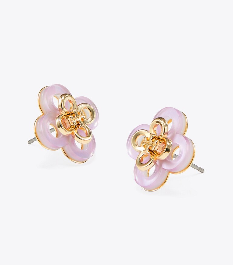 Tory Burch designer boucles d'oreilles Puces d’oreilles en relief Kira Clover in Tory Gold / Light Pink front