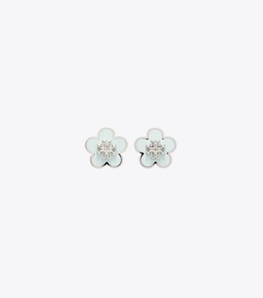 Tory Burch designer boucles d'oreilles Puces d’oreilles Forget Me Not en émail in Tory Silver / Light Green front