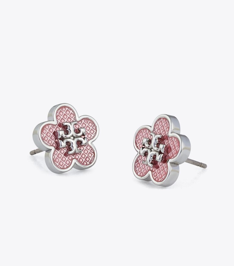 Tory Burch designer boucles d'oreilles Puces d’oreilles Kira à motif fleur en émail in Tory Silver / Pink front