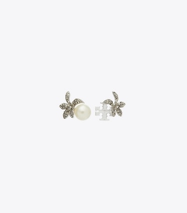 Tory Burch designer boucles d'oreilles Puces d’oreilles Moondance Perle et Fleur in Tory Silver / Pearl / Crystal front
