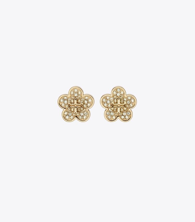 Tory Burch designer boucles d'oreilles Puces d’oreilles pavées Forget Me Not in Tory Gold / Crystal front
