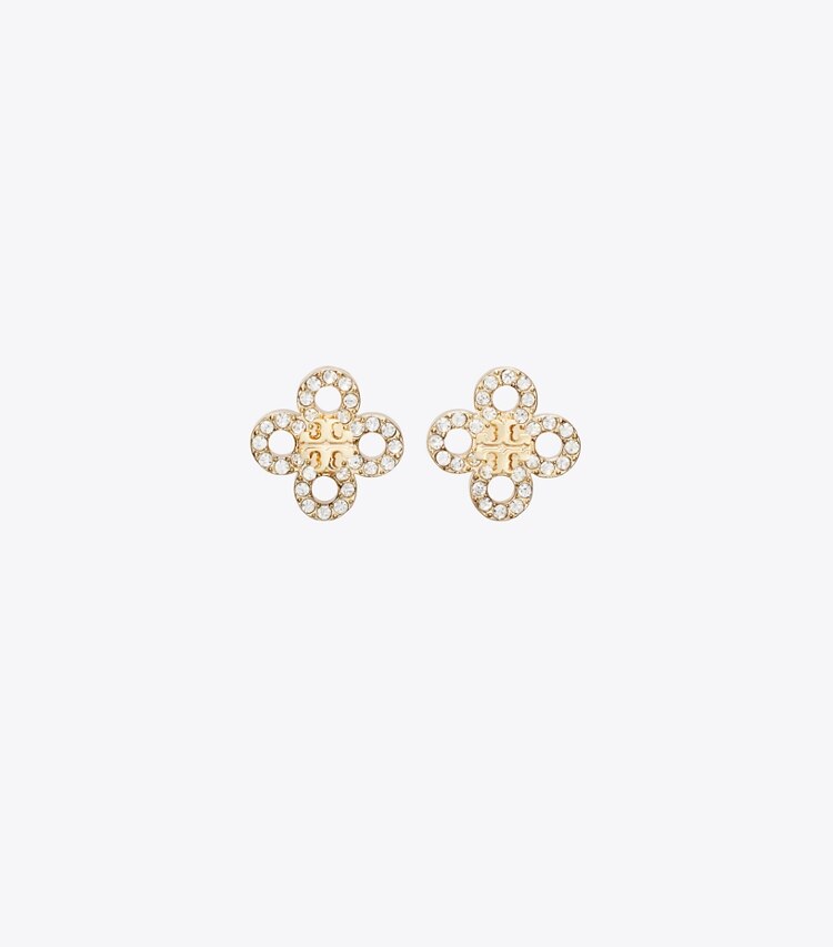 Tory Burch designer boucles d'oreilles Puces d’oreilles trèfle Forget Me Not in Tory Gold / Crystal front