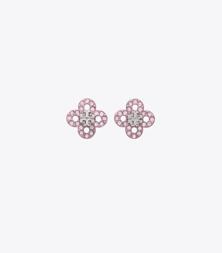 Tory Burch designer boucles d'oreilles Puces d’oreilles trèfle Kira in Tory Silver / Pink front