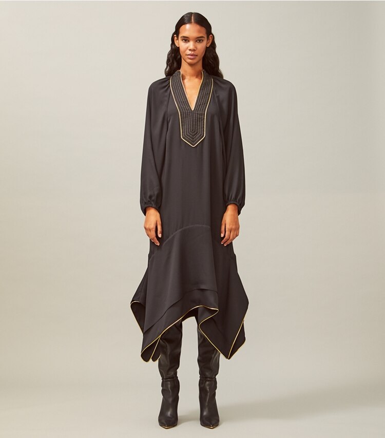 Tory Burch designer dresses Puffed-Sleeve Tunic Dress in Black on model front