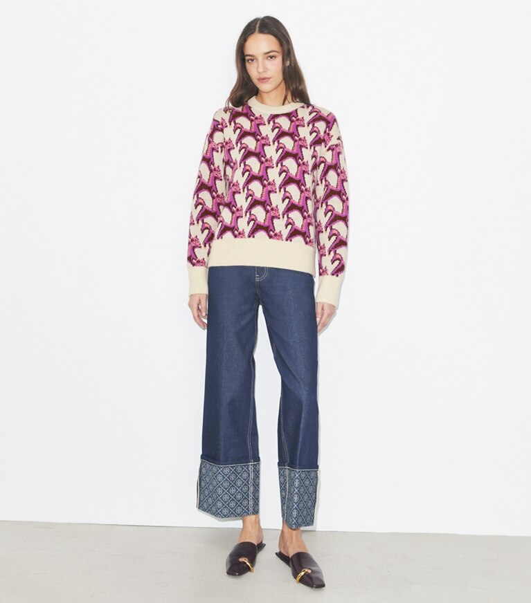 Tory Burch designer sweaters Pull à col rond en laine jacquard in French Cream front