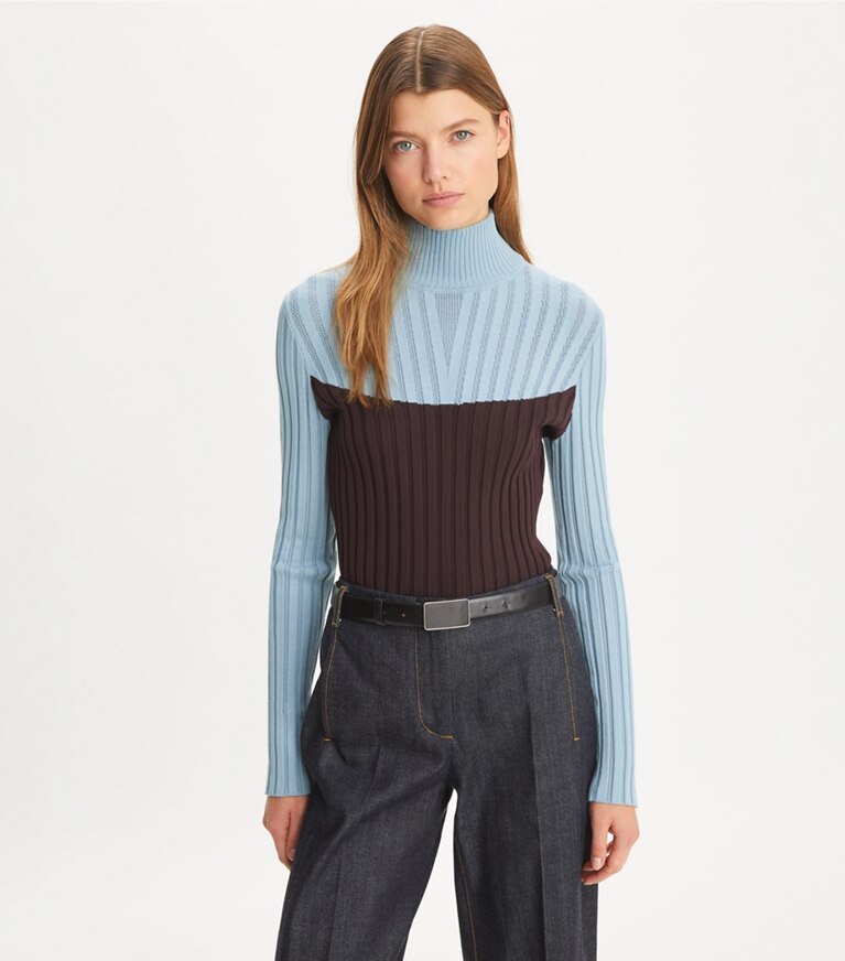 Tory Sport designer sweaters Pull à col roulé color-block in Seafaring / Dark Eggplant front