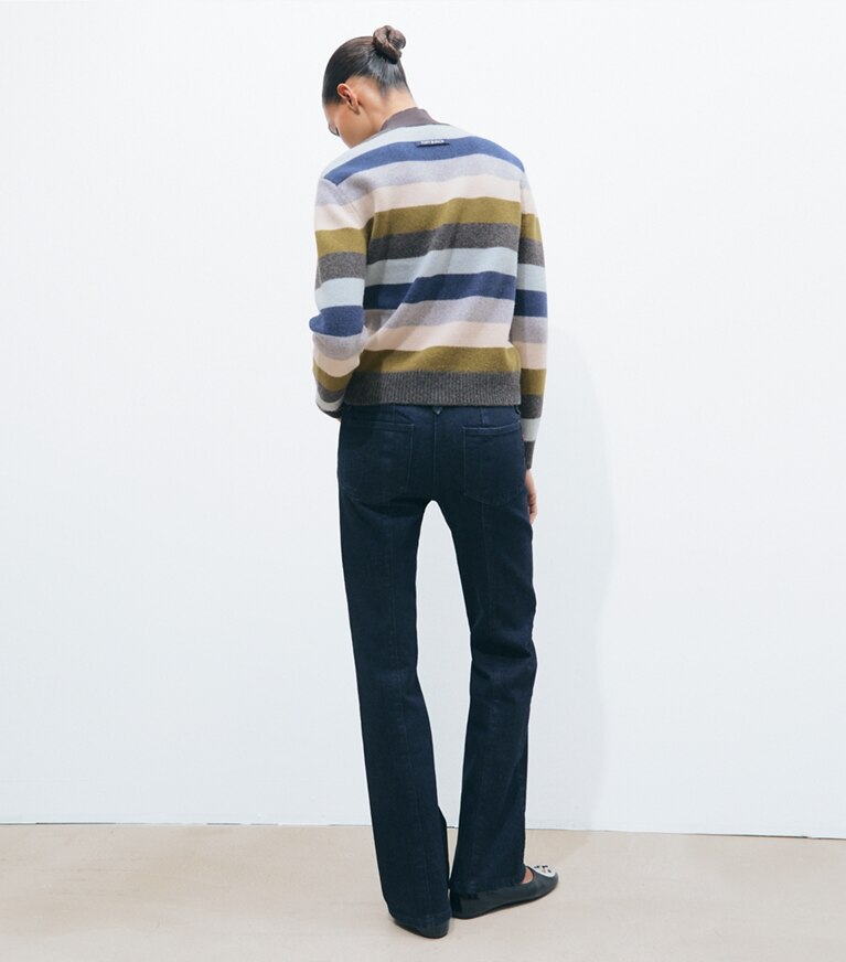Tory Burch designer sweaters Pull à col roulé en laine in Graphite Multicolor Stripe on model back