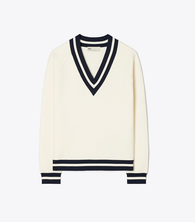 Tory Sport designer sweaters Pull à col V en mérinos in NEW IVORY front