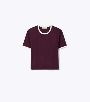 Tory Burch designer sweaters Pull à manches courtes avec bordure contrastée in Dark Merlot front