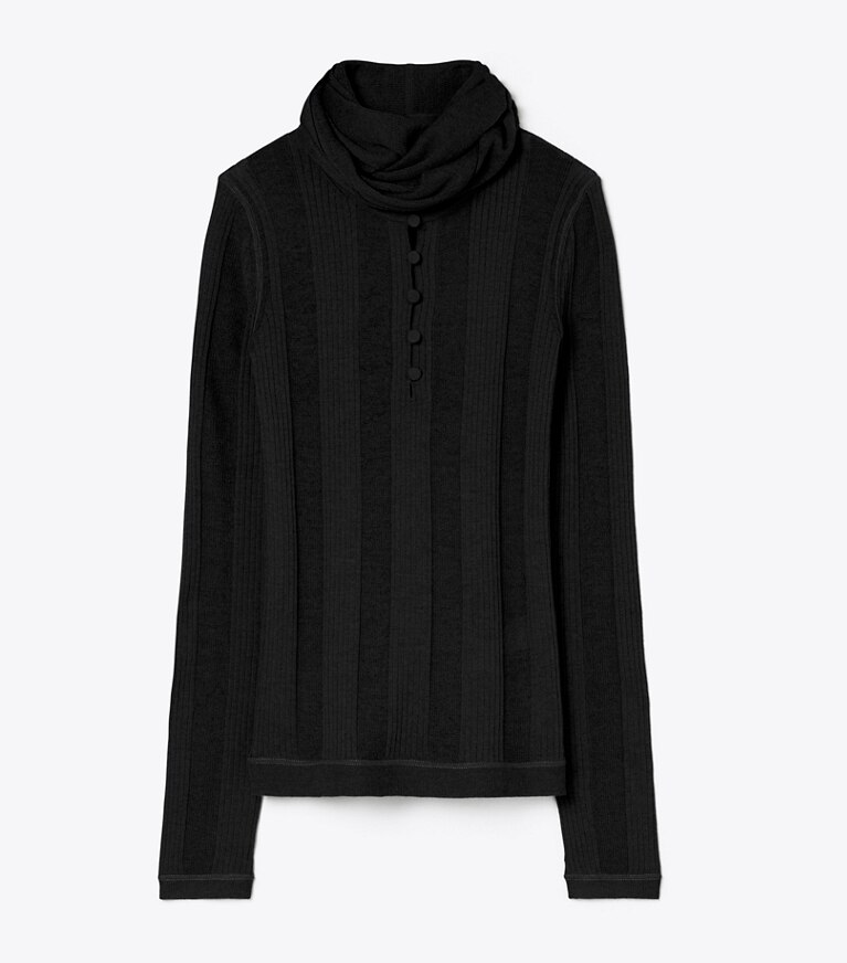 Tory Burch designer sweaters Pull côtelé fin col foulard in Black front