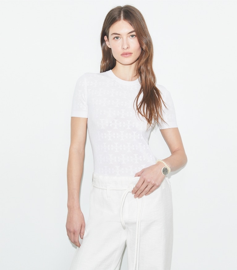 Tory Burch designer vestes Pull en jacquard T Monogram in White front