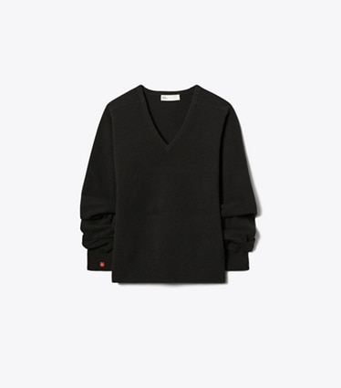 Tory Burch designer sweaters Pull en laine à col V in Black front