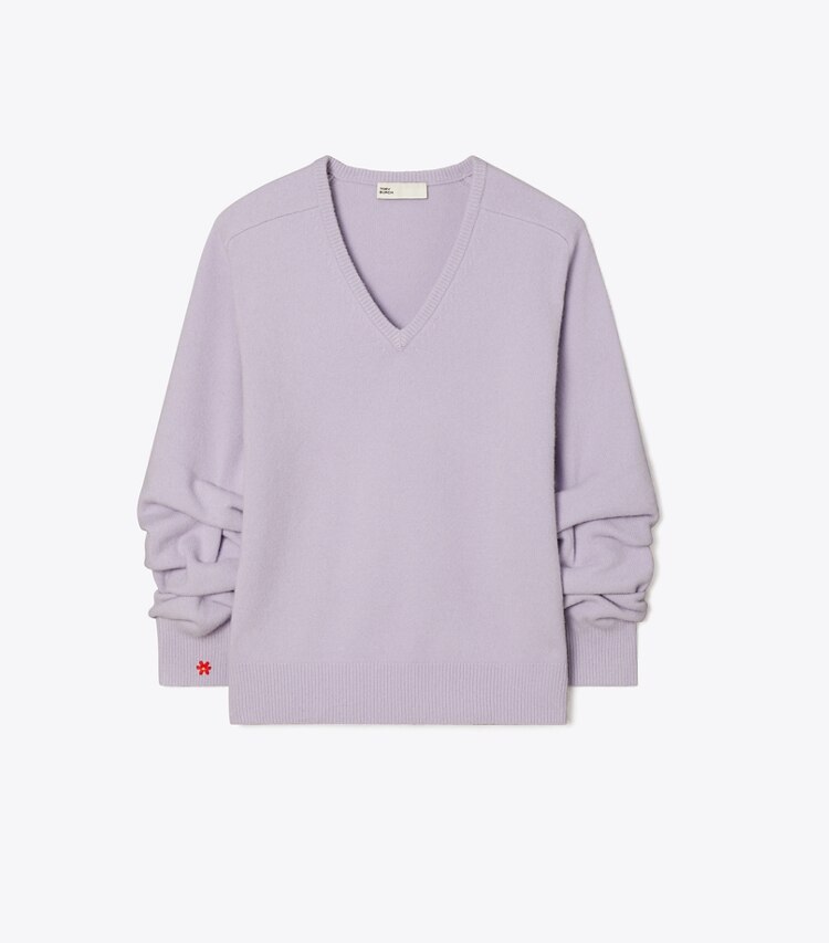 Tory Burch designer sweaters Pull en laine à col V in Lavender Dusk front