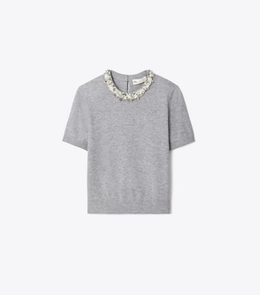 Tory Burch designer sweaters Pull en laine à manches courtes orné de sequins in Gray Melange front