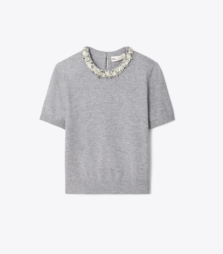Tory Burch designer sweaters Pull en laine à manches courtes orné de sequins in Gray Melange front