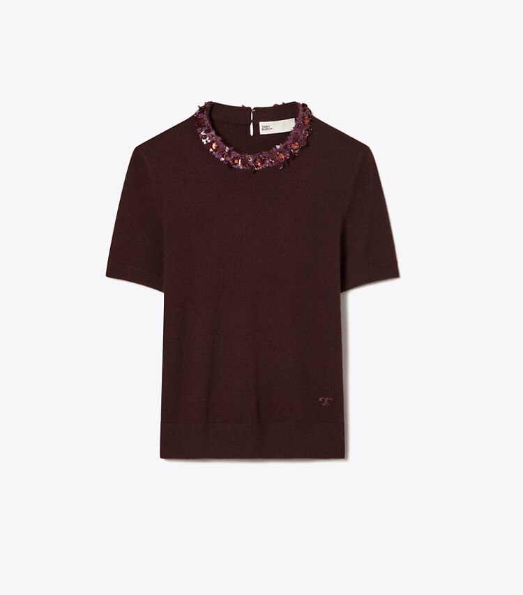 Tory Burch designer sweaters Pull en laine à manches courtes orné de sequins in Dark Winterberry front