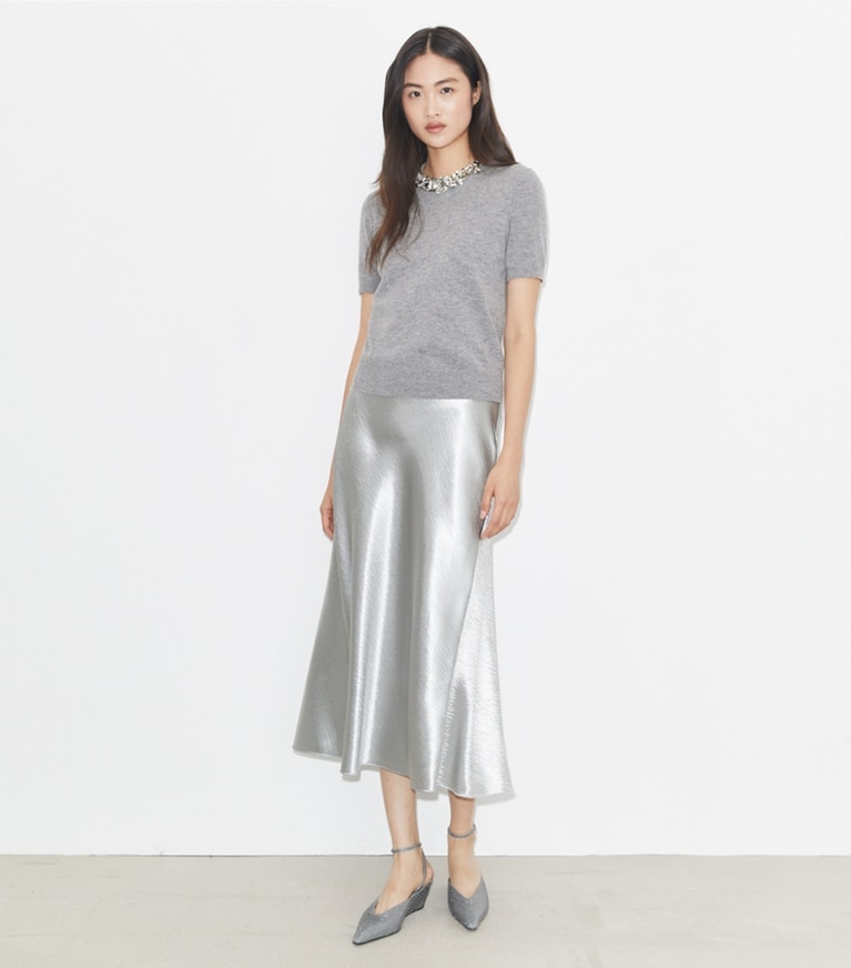 Tory Burch designer sweaters Pull en laine à manches courtes orné de sequins in Gray Melange front